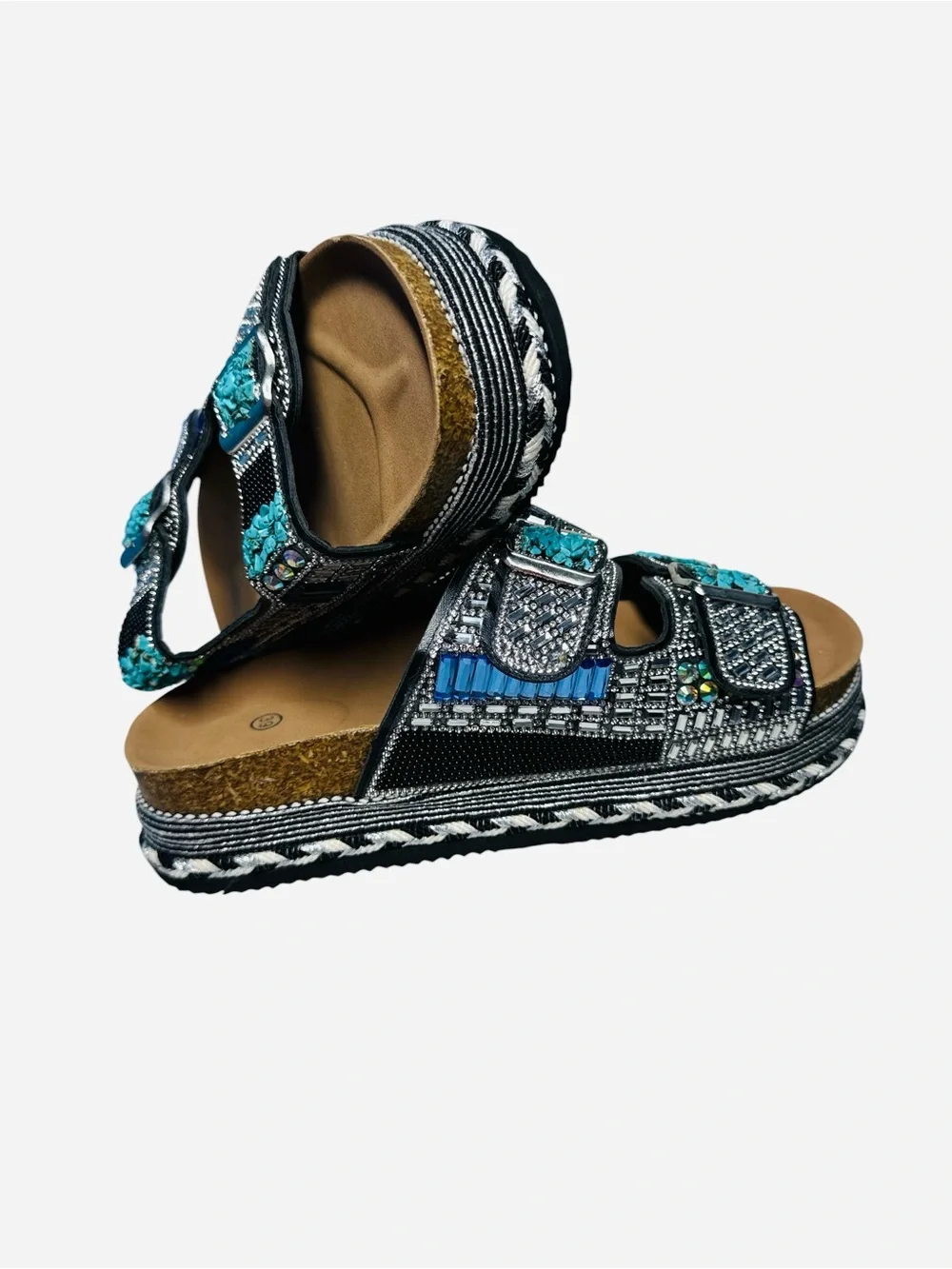Women's Bohemian Beaded Rhinestone Double Buckle Platform Slide Sandals